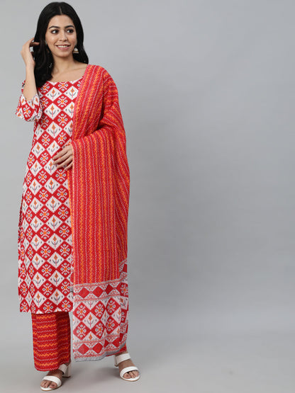 Women Red Printed Straight Kurta With Plazo & Dupatta