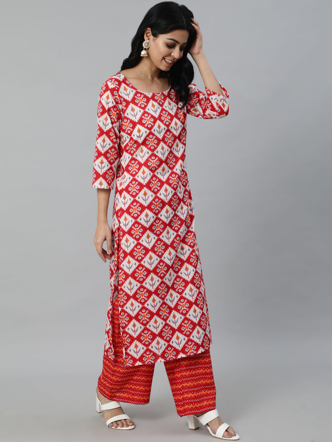 Women Red Printed Straight Kurta With Plazo & Dupatta