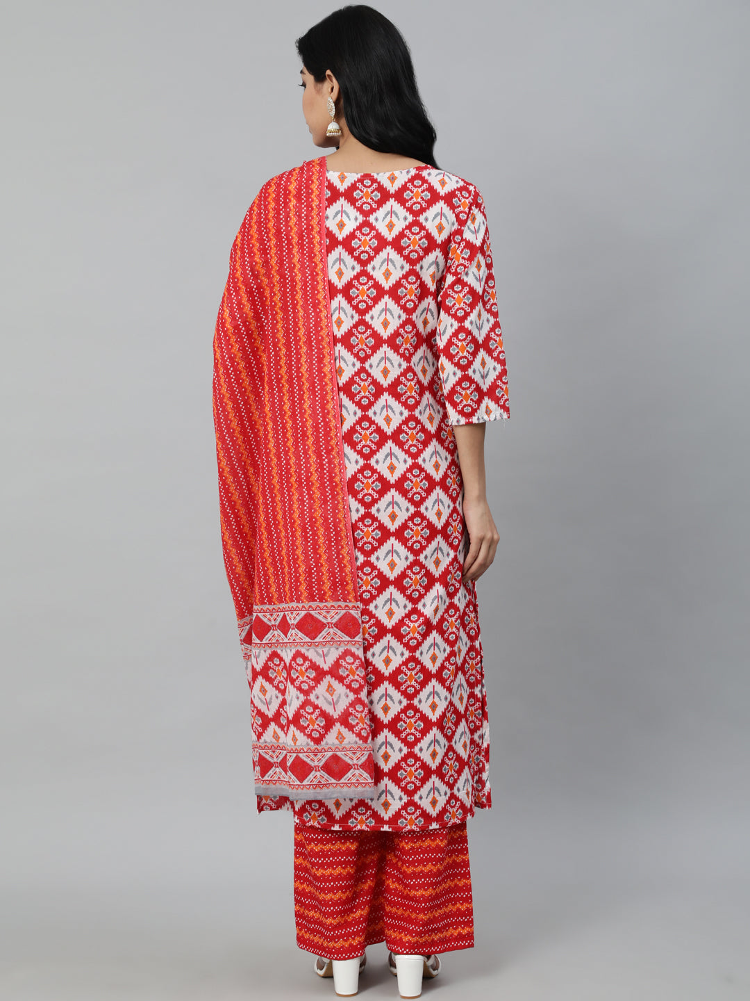 Women Red Printed Straight Kurta With Plazo & Dupatta