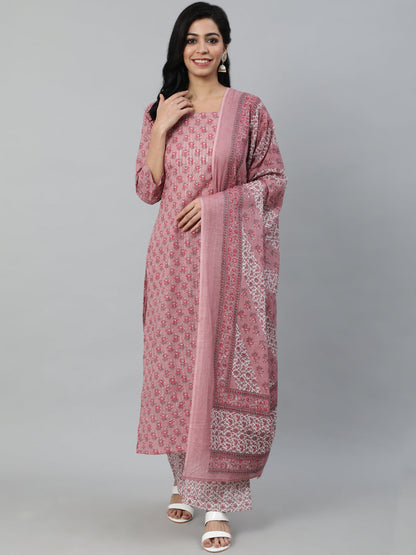 Women Pink Printed Straight Kurta With Plazo & Dupatta