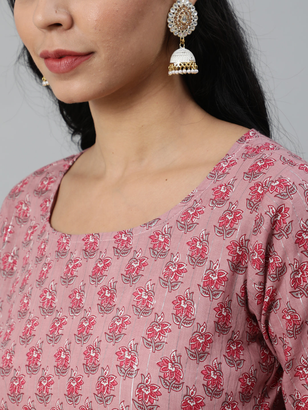 Women Pink Printed Straight Kurta With Plazo & Dupatta