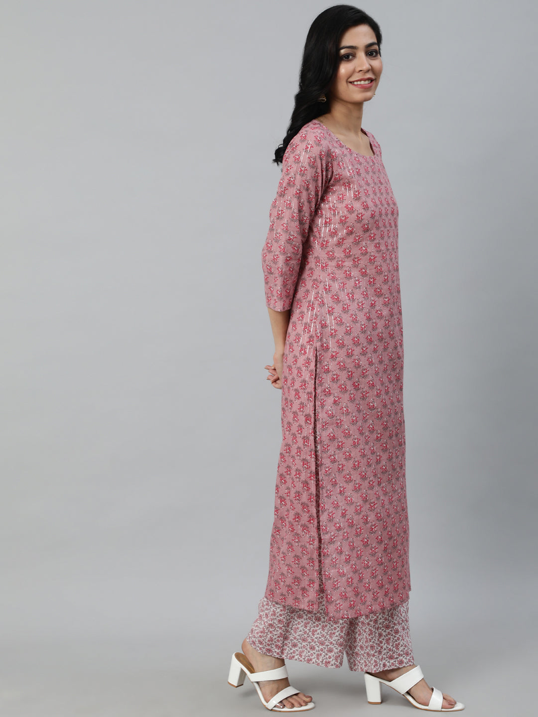 Women Pink Printed Straight Kurta With Plazo & Dupatta