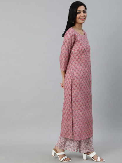 Women Pink Printed Straight Kurta With Plazo & Dupatta