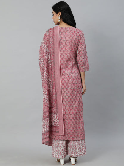 Women Pink Printed Straight Kurta With Plazo & Dupatta