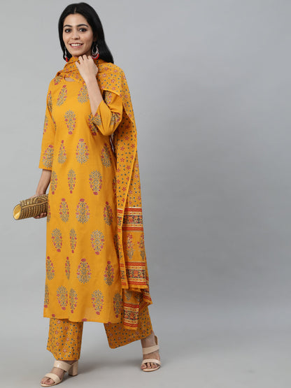 Women Mustard Printed Straight Kurta With Plazo & Dupatta