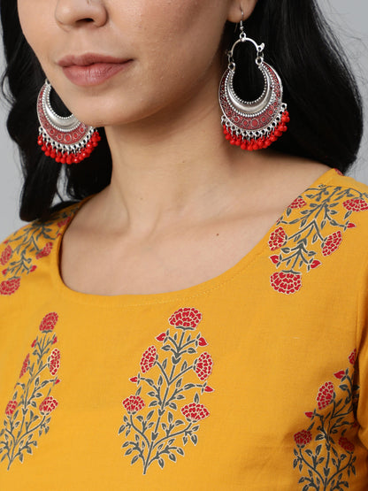 Women Mustard Printed Straight Kurta With Plazo & Dupatta