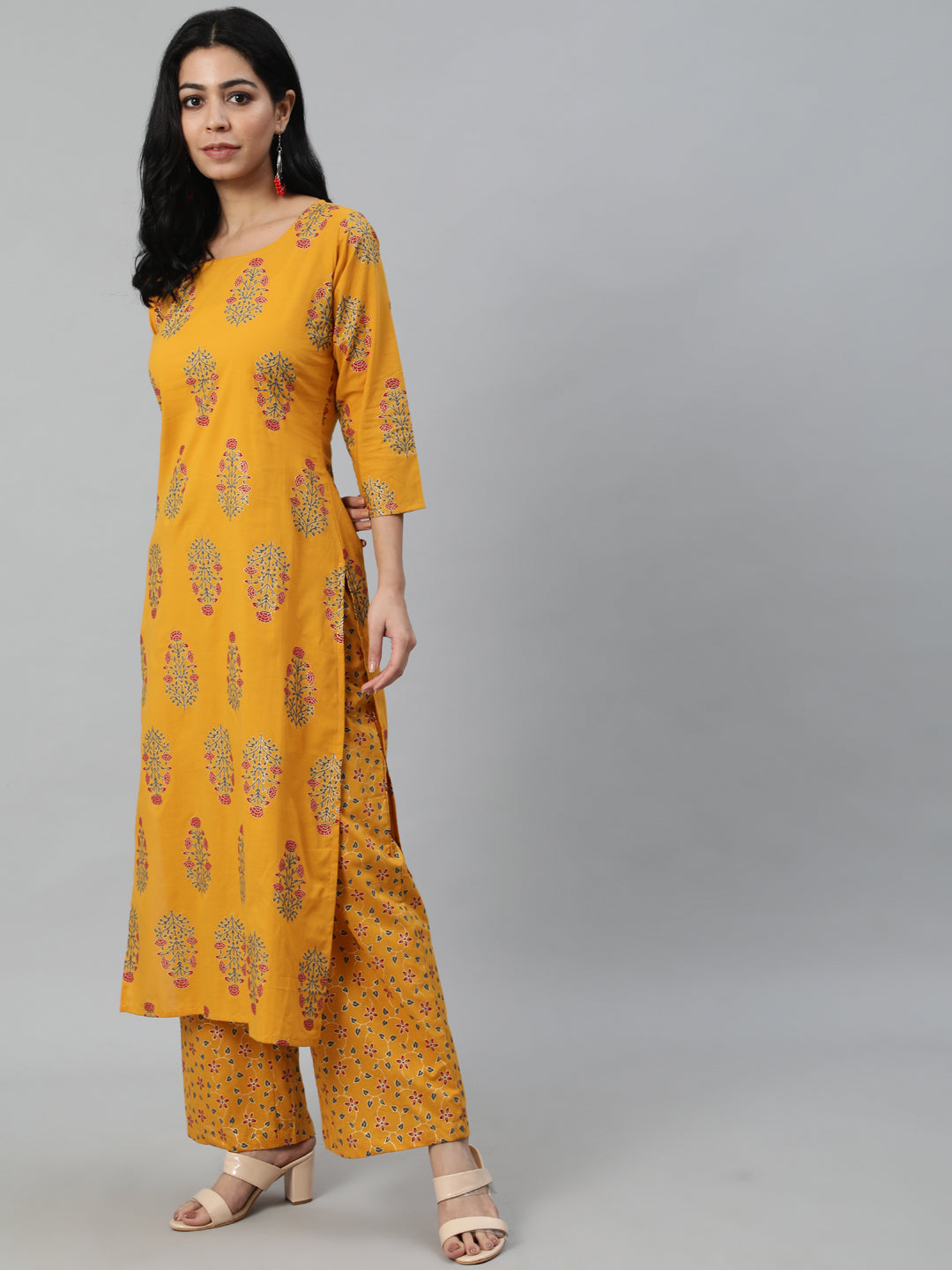 Women Mustard Printed Straight Kurta With Plazo & Dupatta