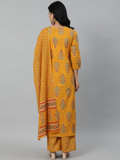 Women Mustard Printed Straight Kurta With Plazo & Dupatta