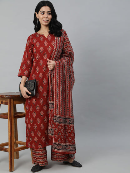 Women Maroon Printed Straight Kurta With Plazo & Dupatta