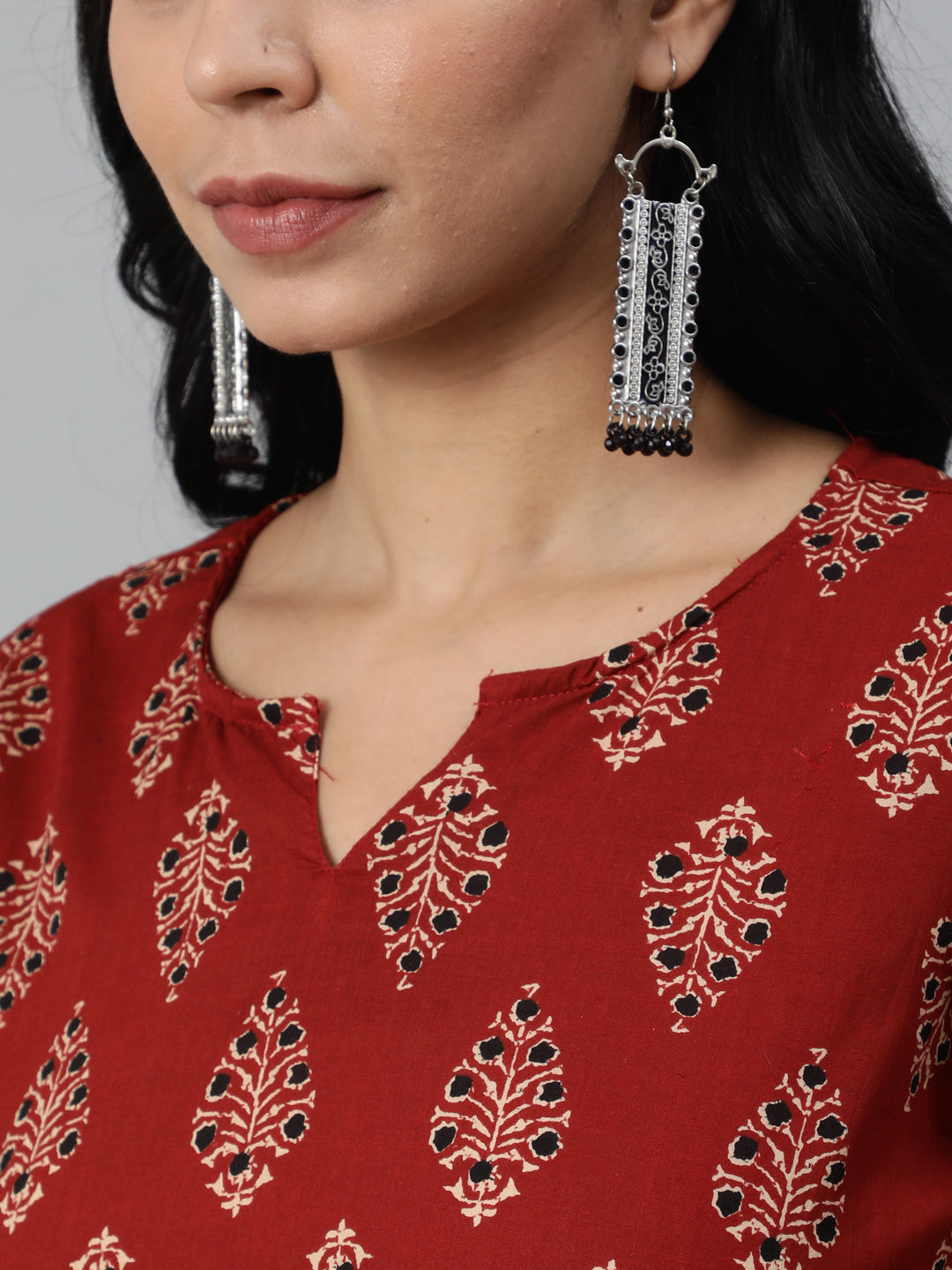 Women Maroon Printed Straight Kurta With Plazo & Dupatta