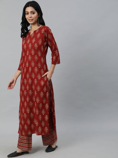 Women Maroon Printed Straight Kurta With Plazo & Dupatta