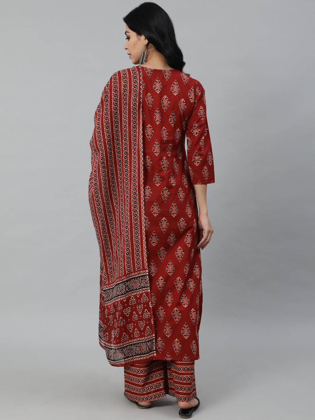 Women Maroon Printed Straight Kurta With Plazo & Dupatta