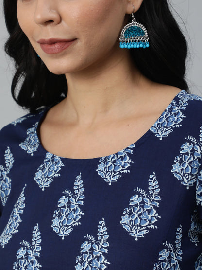 Women Navy Blue Printed Straight Kurta With Plazo & Dupatta