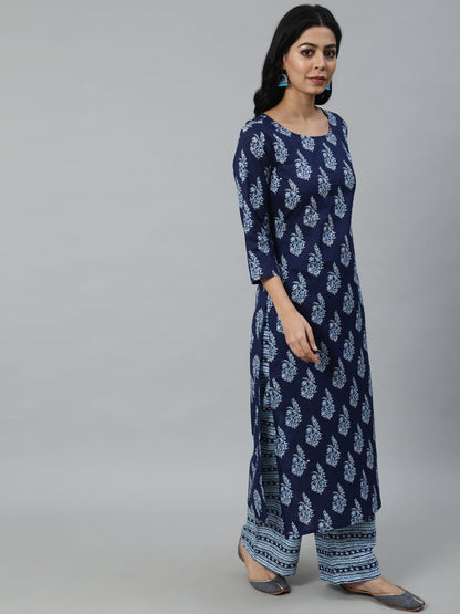 Women Navy Blue Printed Straight Kurta With Plazo & Dupatta