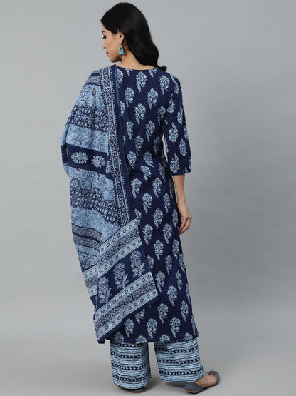 Women Navy Blue Printed Straight Kurta With Plazo & Dupatta