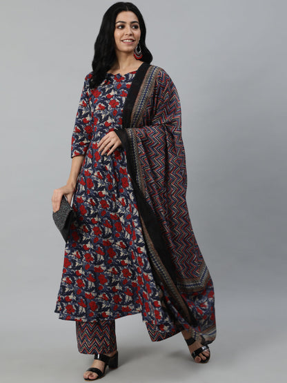 Wome Multi printed Flared Kurta With Trouser & Dupatta