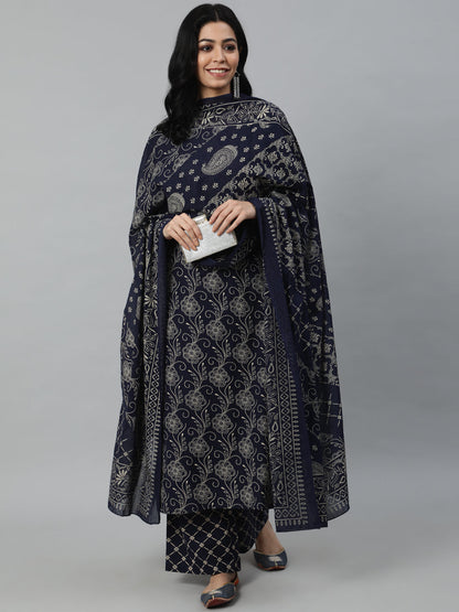 Women Multi printed Flared Kurta With Trouser & Dupatta