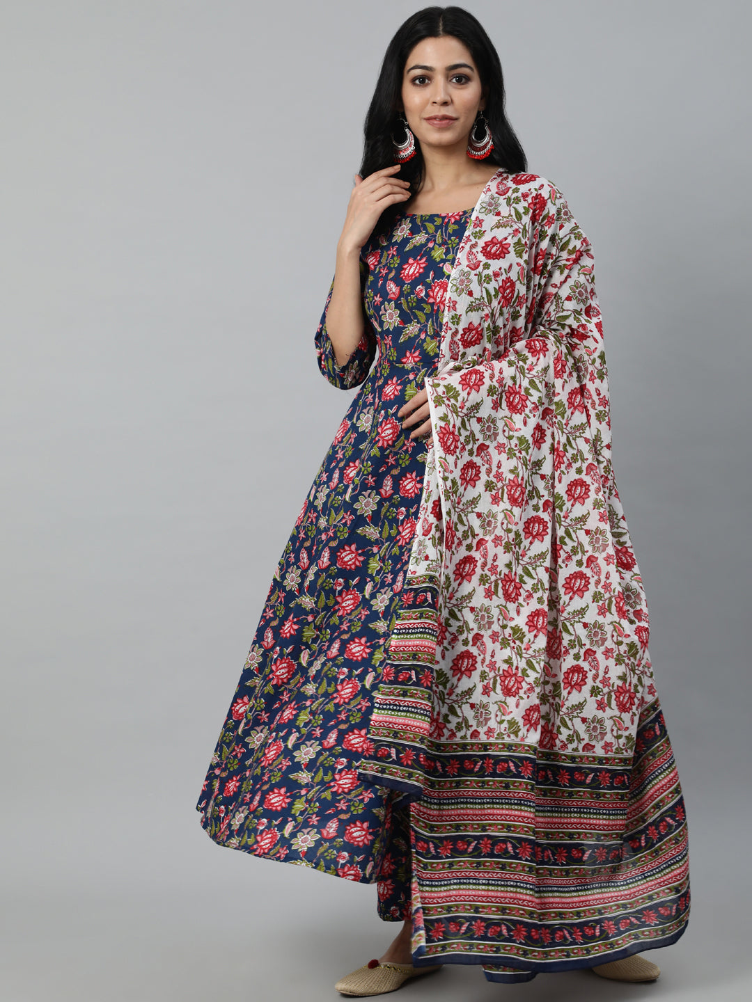 Women  Blue Printed Flared Kurta With Trouser & Dupatta