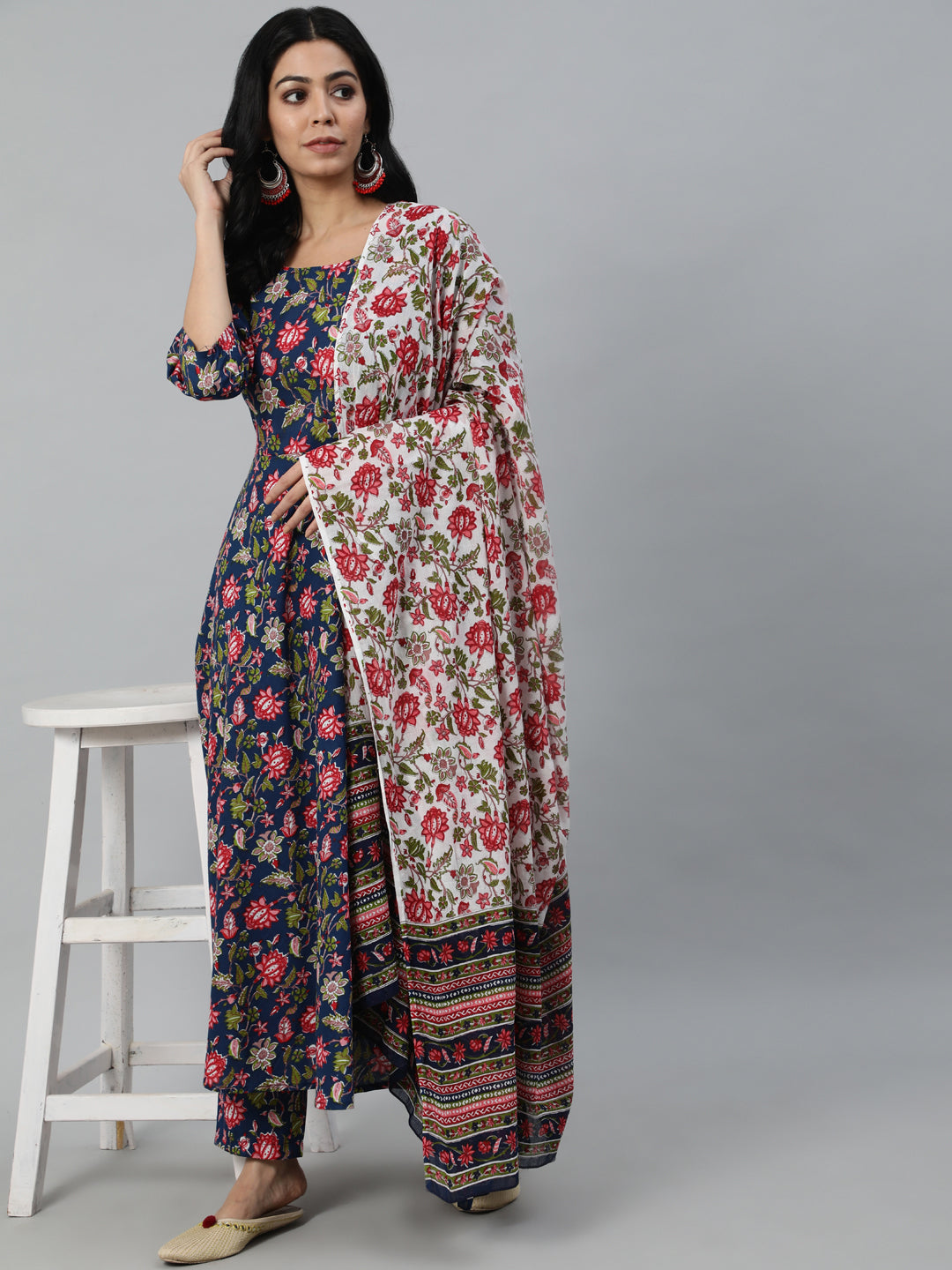 Women  Blue Printed Flared Kurta With Trouser & Dupatta