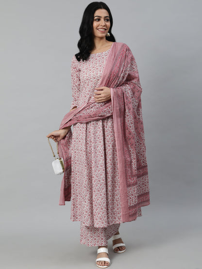 Women Off-White Printed Flared Kurta With Trouser & Dupatta