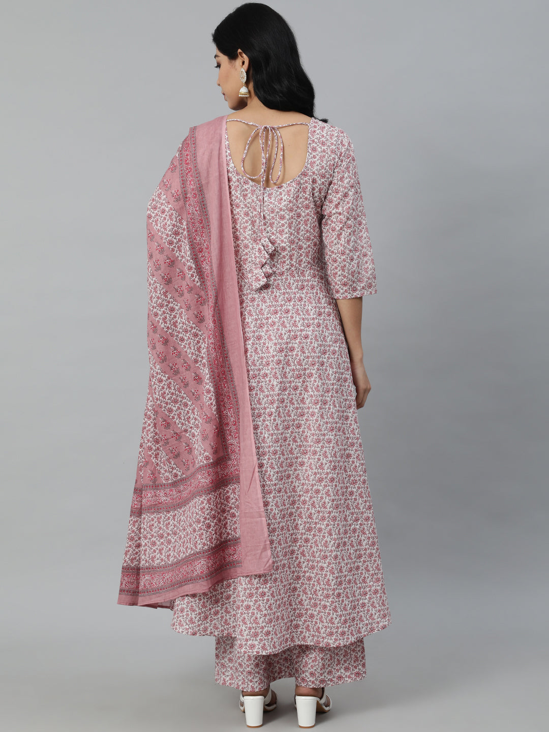 Women Off-White Printed Flared Kurta With Trouser & Dupatta