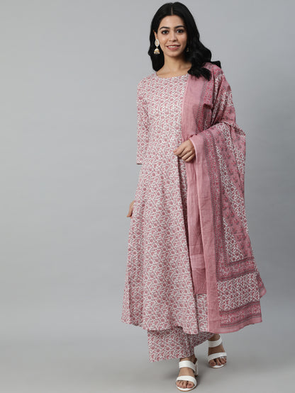 Women Off-White Printed Flared Kurta With Trouser & Dupatta