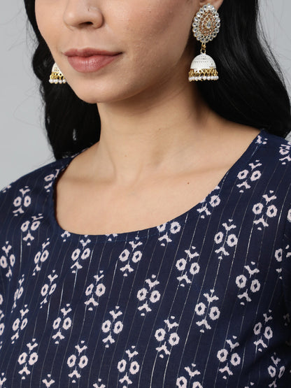 Women Navy Blue Printed Straight Kurta With Plazo & Dupatta