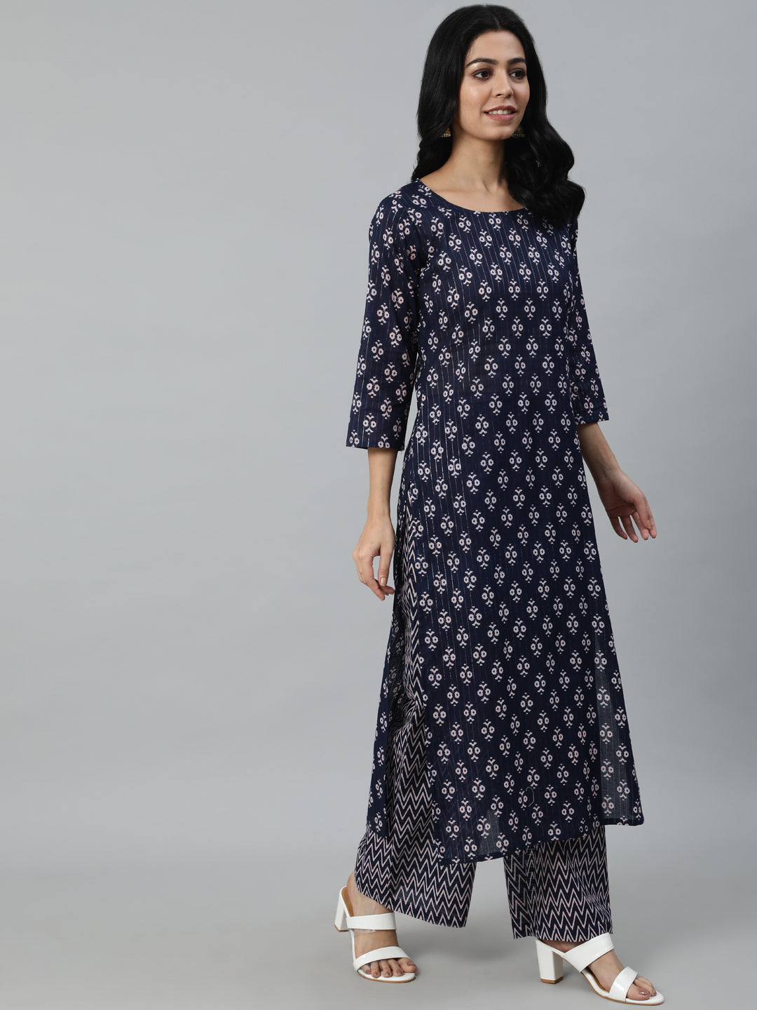 Women Navy Blue Printed Straight Kurta With Plazo & Dupatta