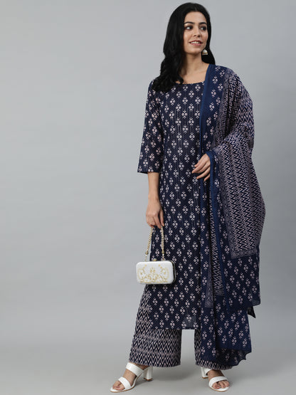 Women Navy Blue Printed Straight Kurta With Plazo & Dupatta