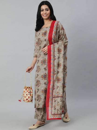 Women Grey Printed Straight Kurta With Plazo & Dupatta