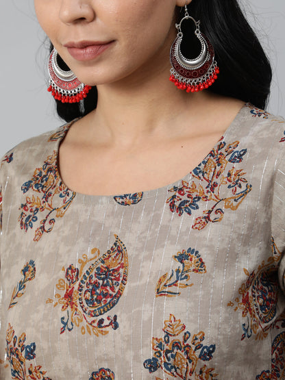 Women Grey Printed Straight Kurta With Plazo & Dupatta