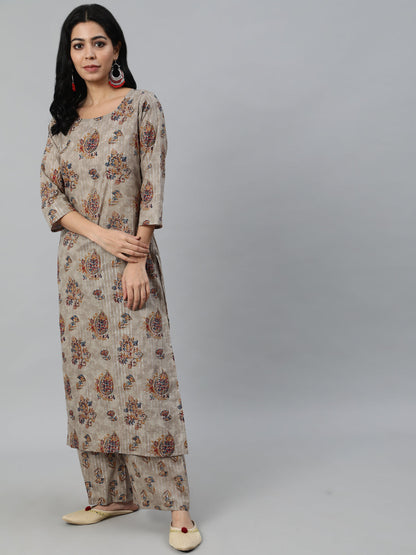 Women Grey Printed Straight Kurta With Plazo & Dupatta