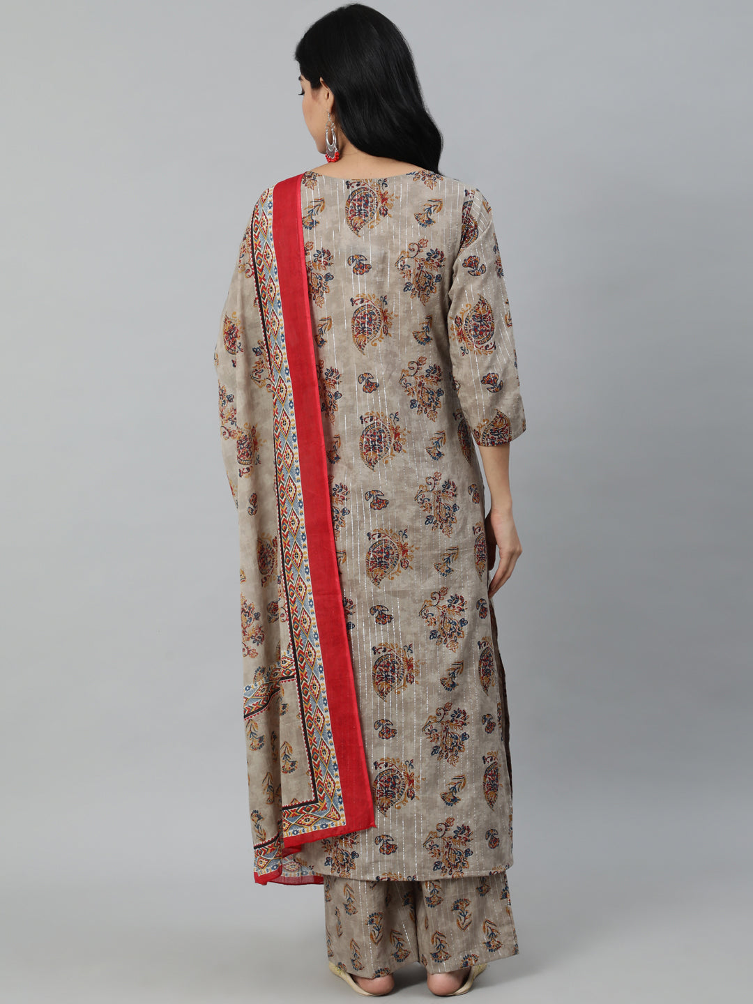 Women Grey Printed Straight Kurta With Plazo & Dupatta