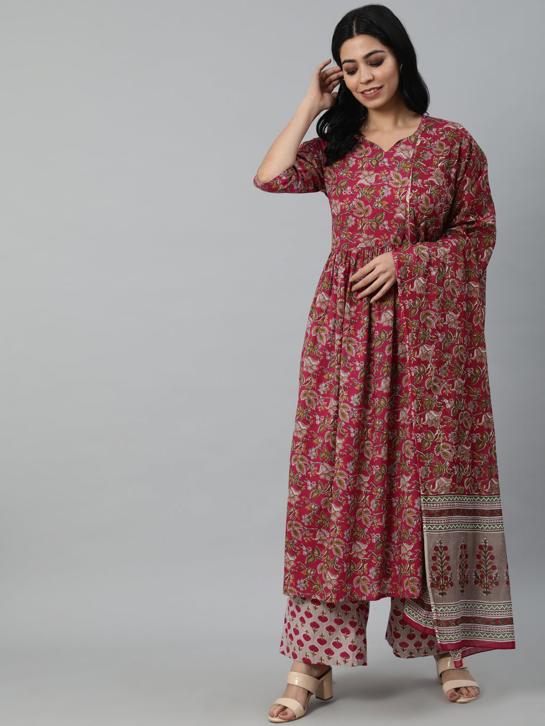 Women Burgundy Printed Flared Kurta With Trouser & Dupatta