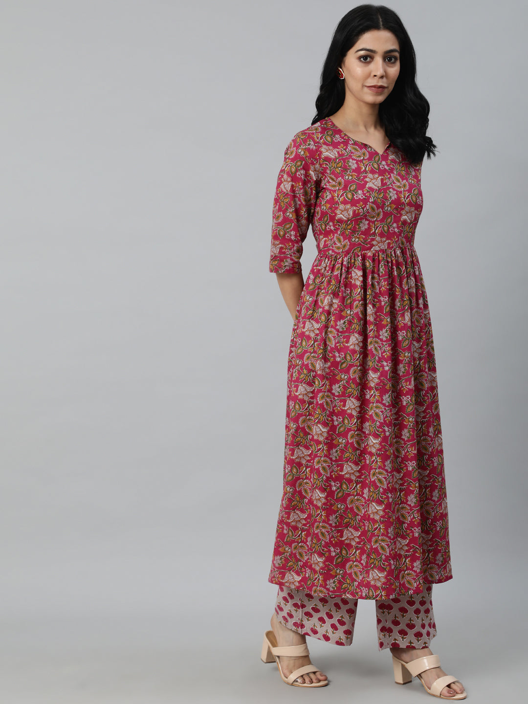 Women Burgundy Printed Flared Kurta With Trouser & Dupatta