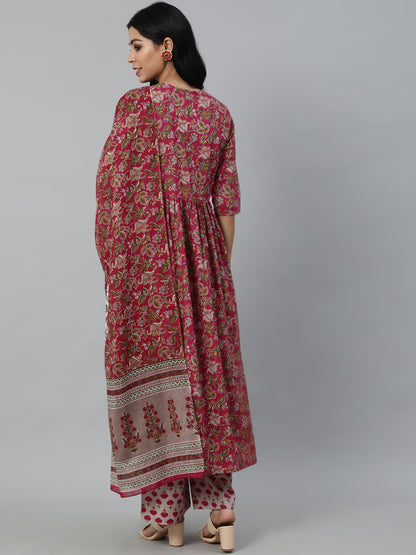 Women Burgundy Printed Flared Kurta With Trouser & Dupatta