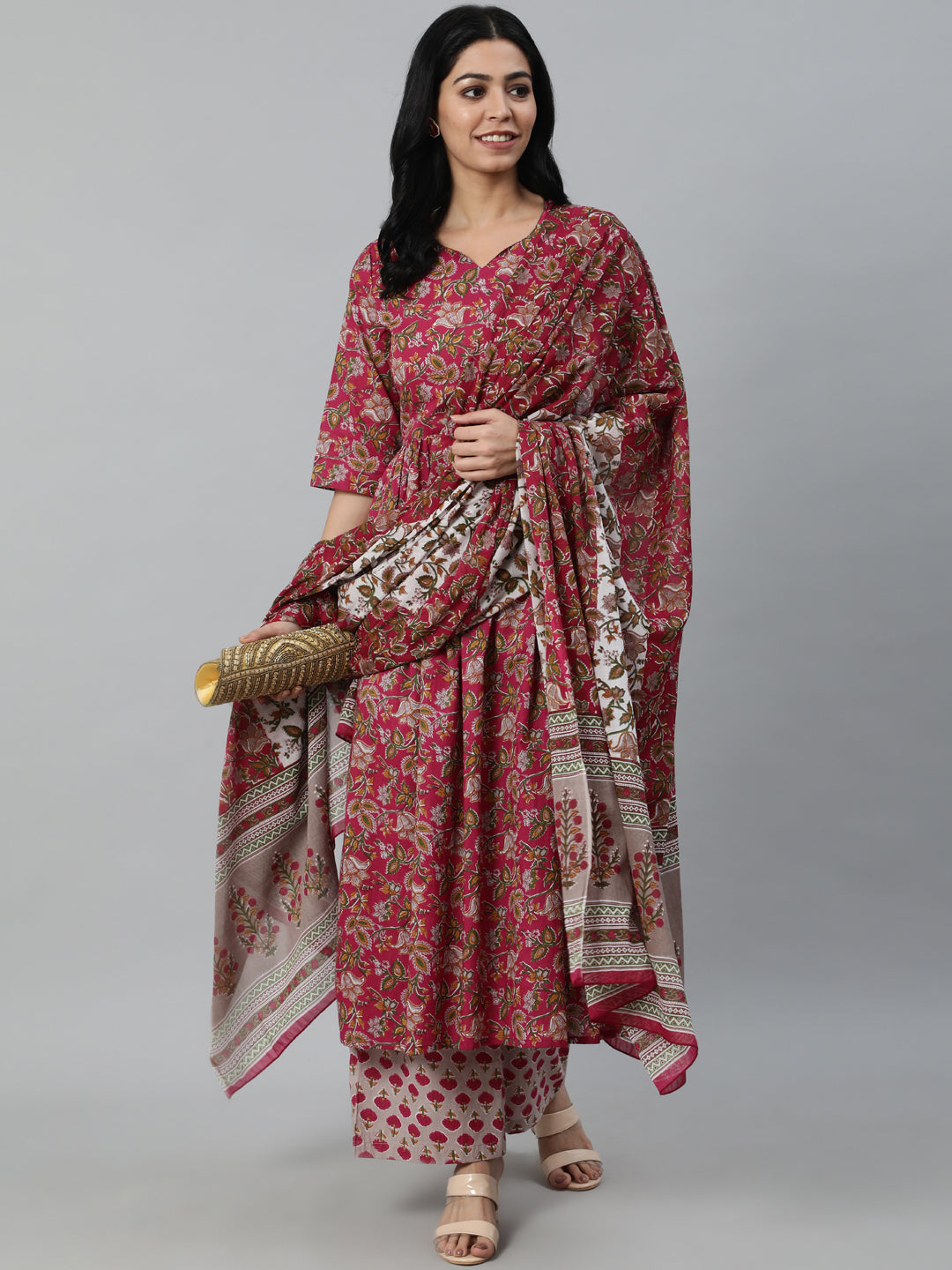 Women Burgundy Printed Flared Kurta With Trouser & Dupatta