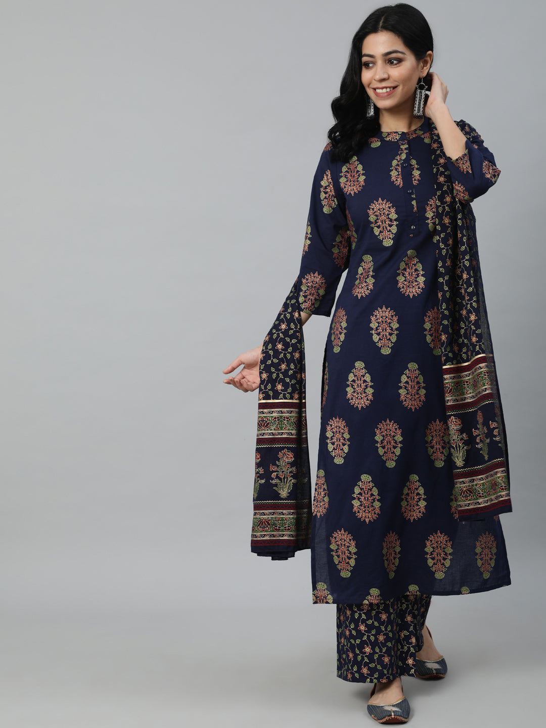 Women Blue & Gold Printed Straight Kurta With Plazo & Dupatta