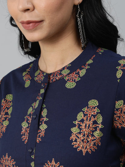 Women Blue & Gold Printed Straight Kurta With Plazo & Dupatta