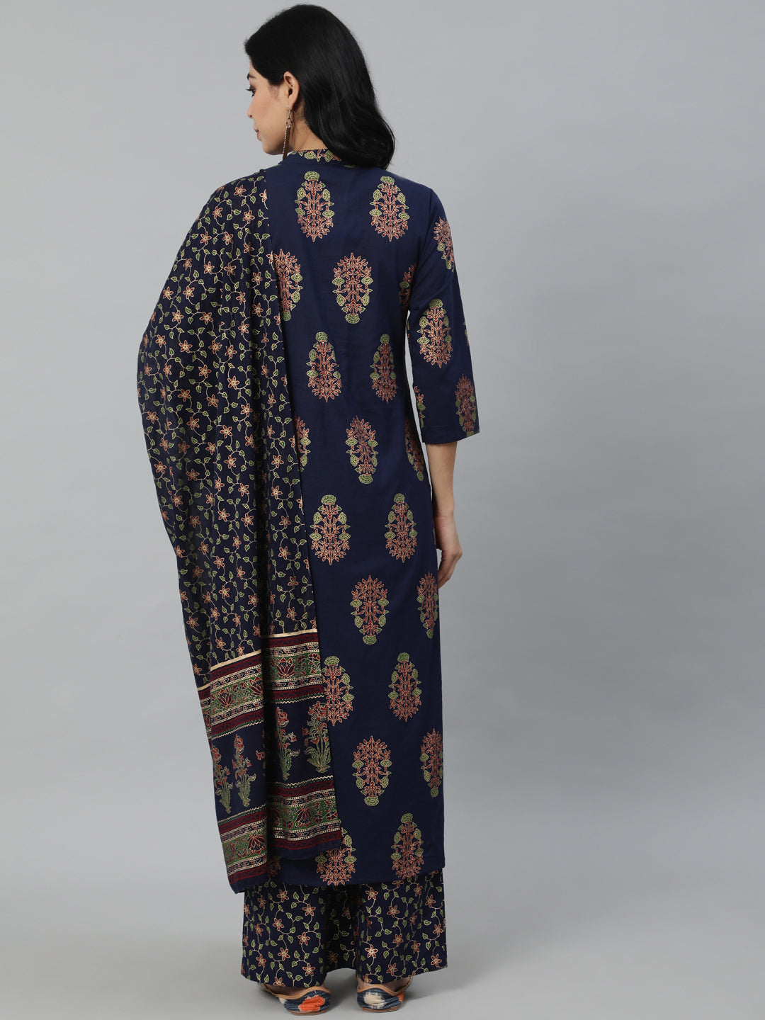 Women Blue & Gold Printed Straight Kurta With Plazo & Dupatta