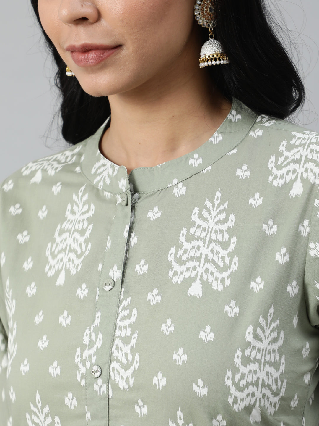 Women Sage Green Printed Straight Kurta With Plazo