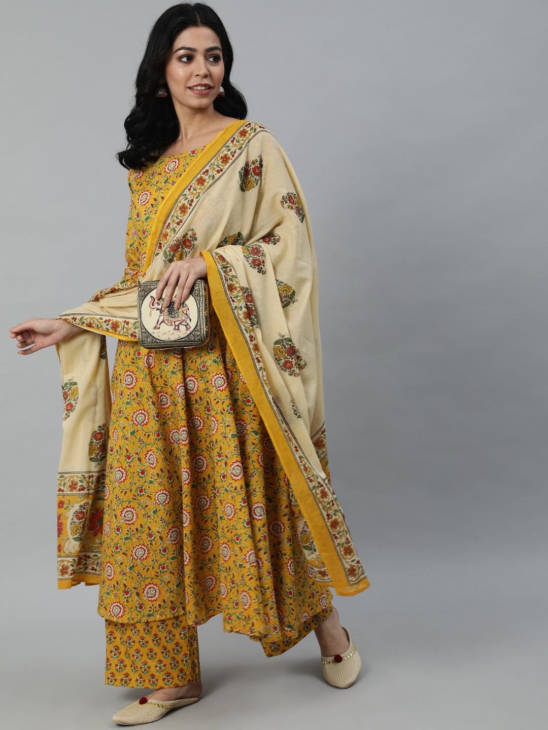 Women Mustard Printed Flared Kurta With Trouser & Dupatta