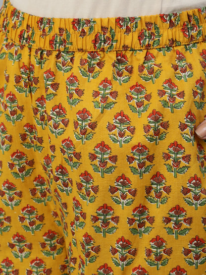 Women Mustard Printed Flared Kurta With Trouser & Dupatta