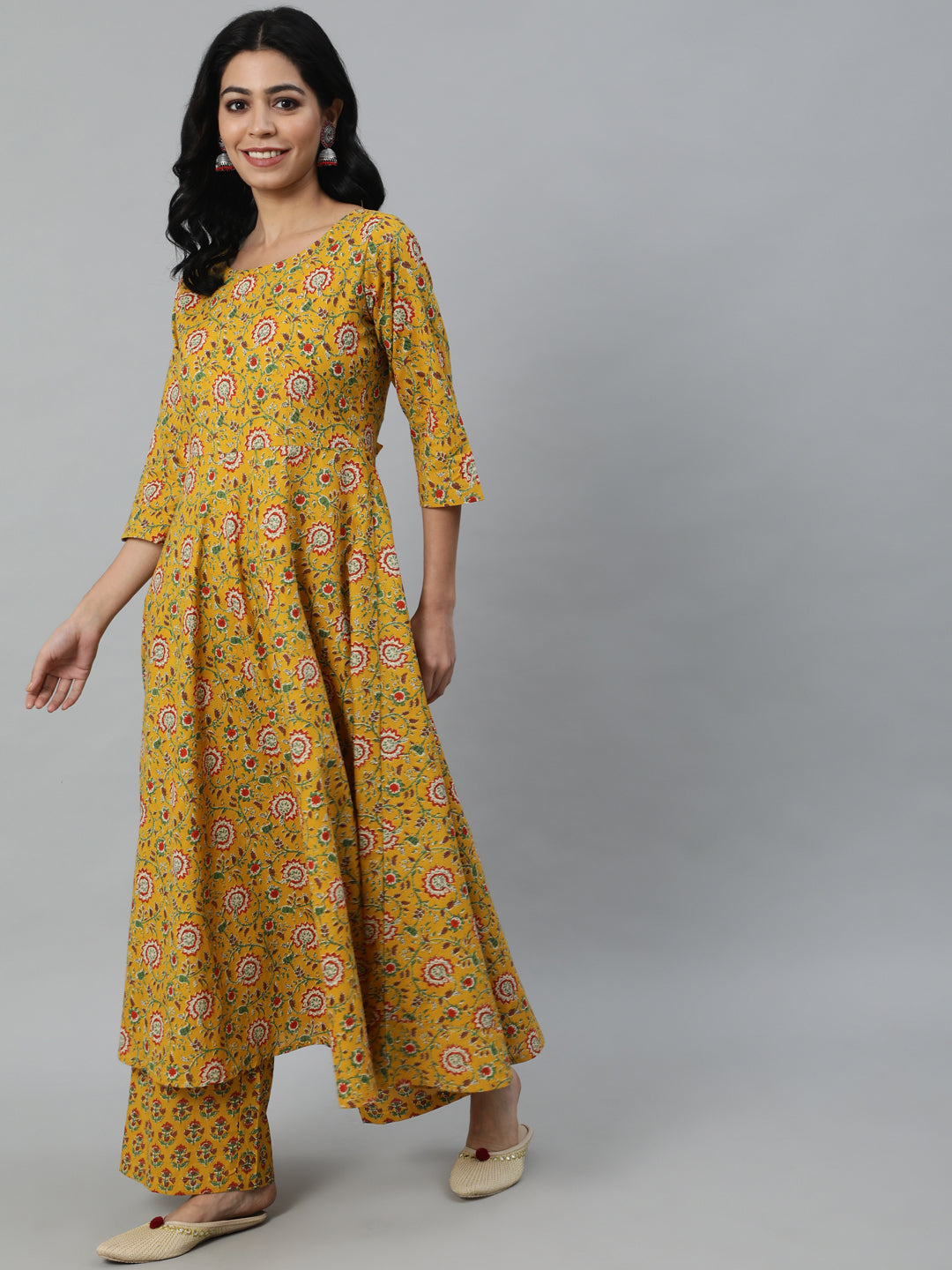 Women Mustard Printed Flared Kurta With Trouser & Dupatta