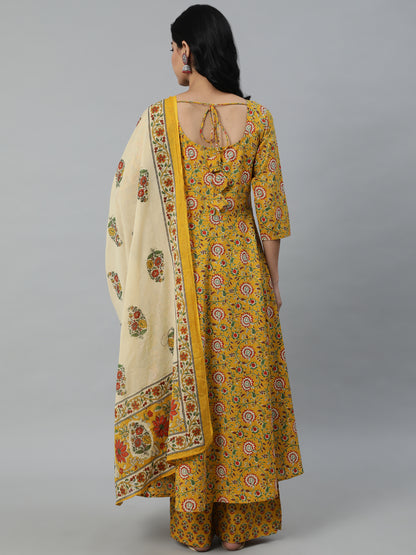 Women Mustard Printed Flared Kurta With Trouser & Dupatta