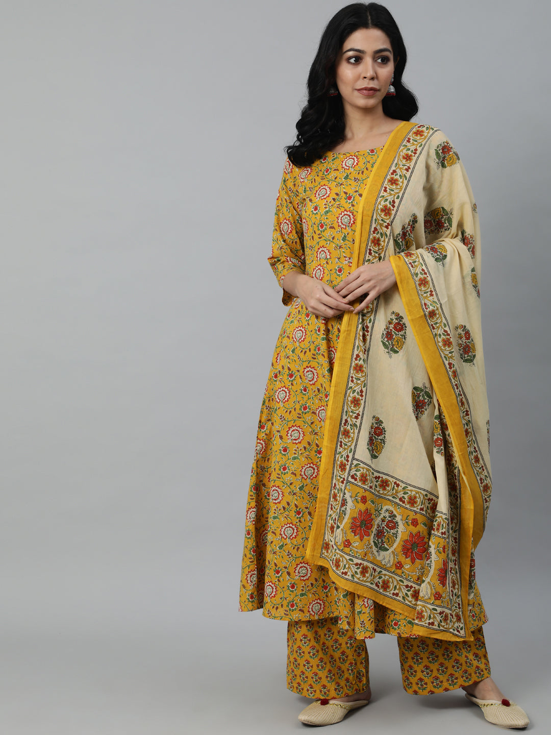 Women Mustard Printed Flared Kurta With Trouser & Dupatta