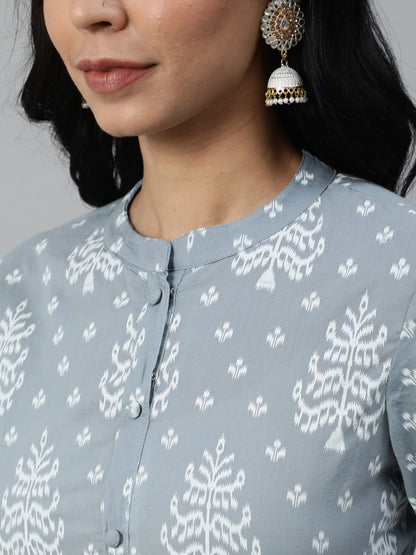 Women Grey Printed Straight Kurta With Plazo & Dupatta