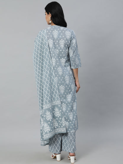 Women Grey Printed Straight Kurta With Plazo & Dupatta