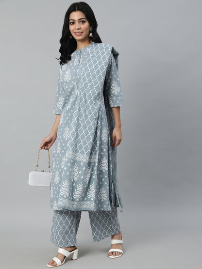 Women Grey Printed Straight Kurta With Plazo & Dupatta