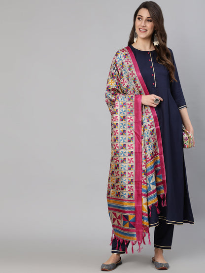 Women Navy Blue Solid Gathered Kurta With Troiuser And Sequance  Dupatta